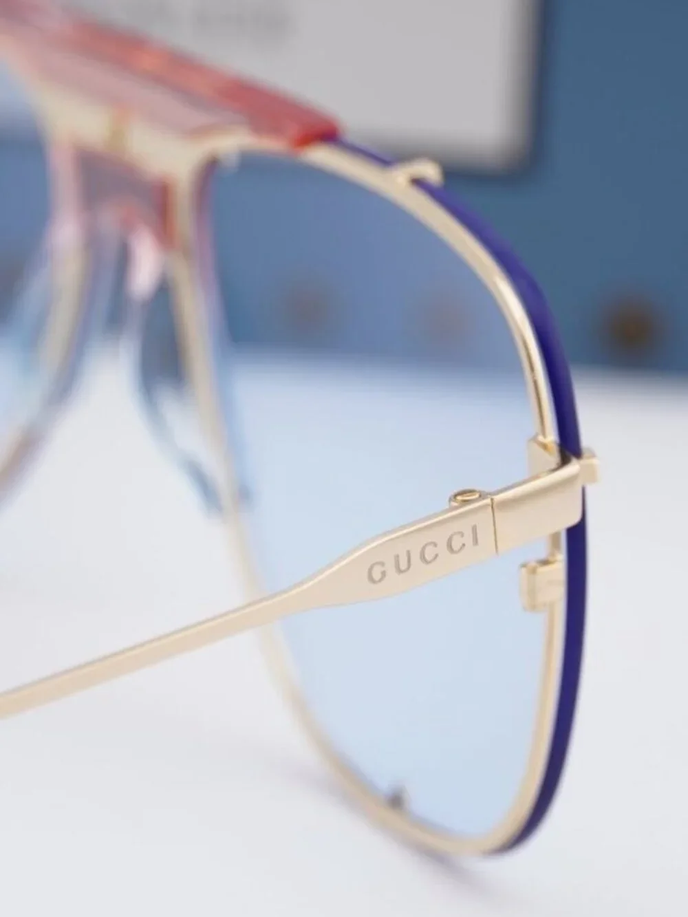 Gucci GG0739S 005 Aviator Sunglasses - Gold / Blue